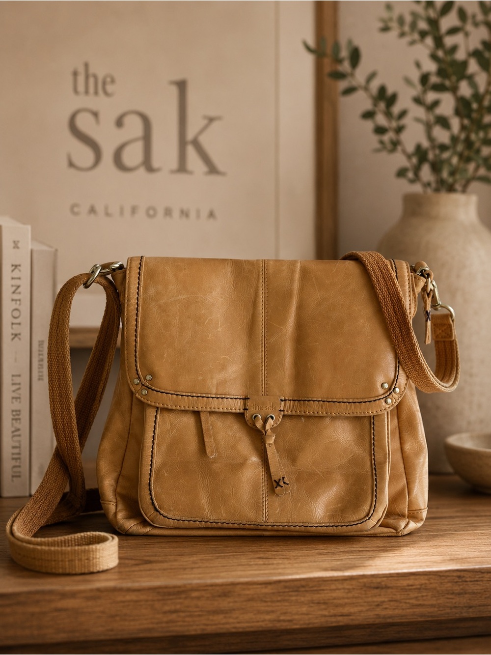 THE SAK  Tan Leather Flap Crossbody Bag